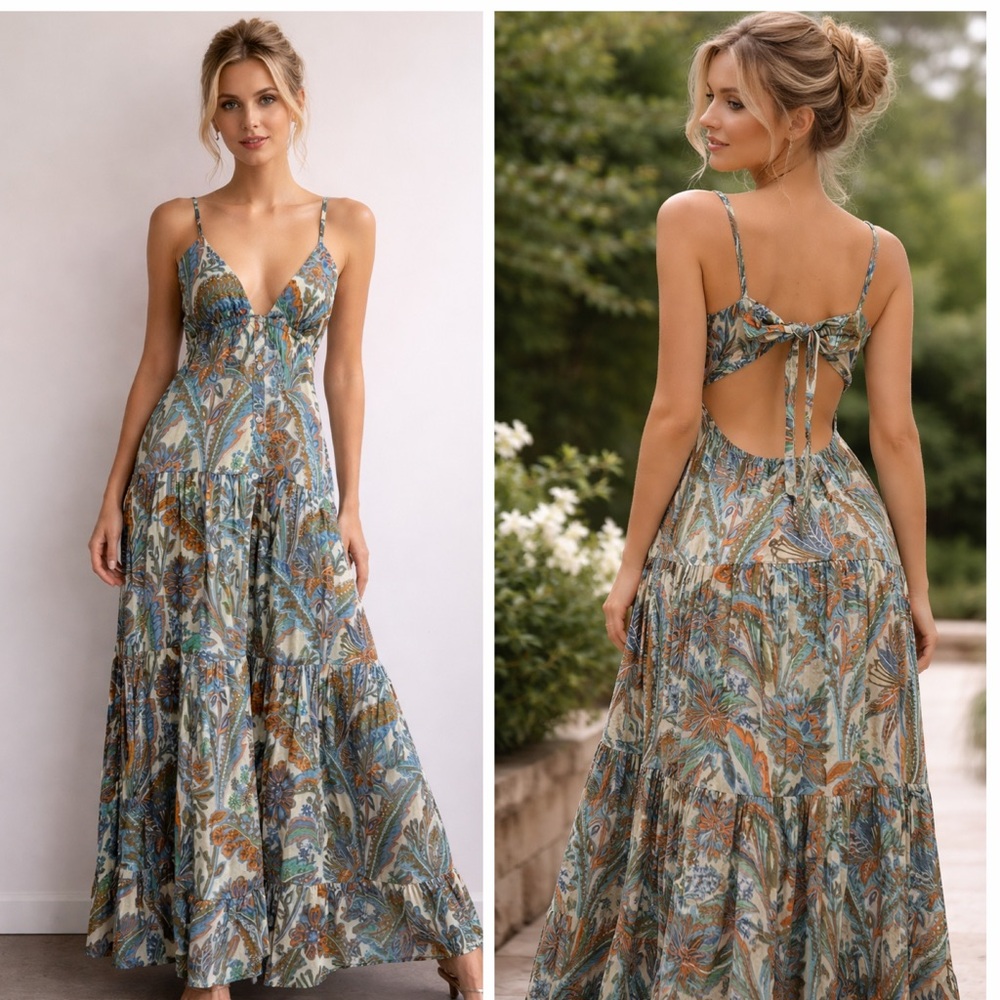 Anthropologie House of Harlow 1960 Womens Tiered Maxi Paisley Dress 100% Cotton